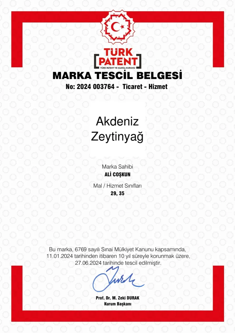 Türk Patent ve Marka Kurumu — Marka Tescil Belgesi